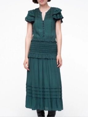 Sea By New York Azzedine Flutter Sleeve Midi Dress in Emerald Green, Size 2